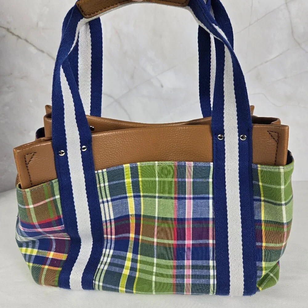 Tommy Hilfiger Plaid Double Handle Satchel Bag w/ Wristlet Faux Leather